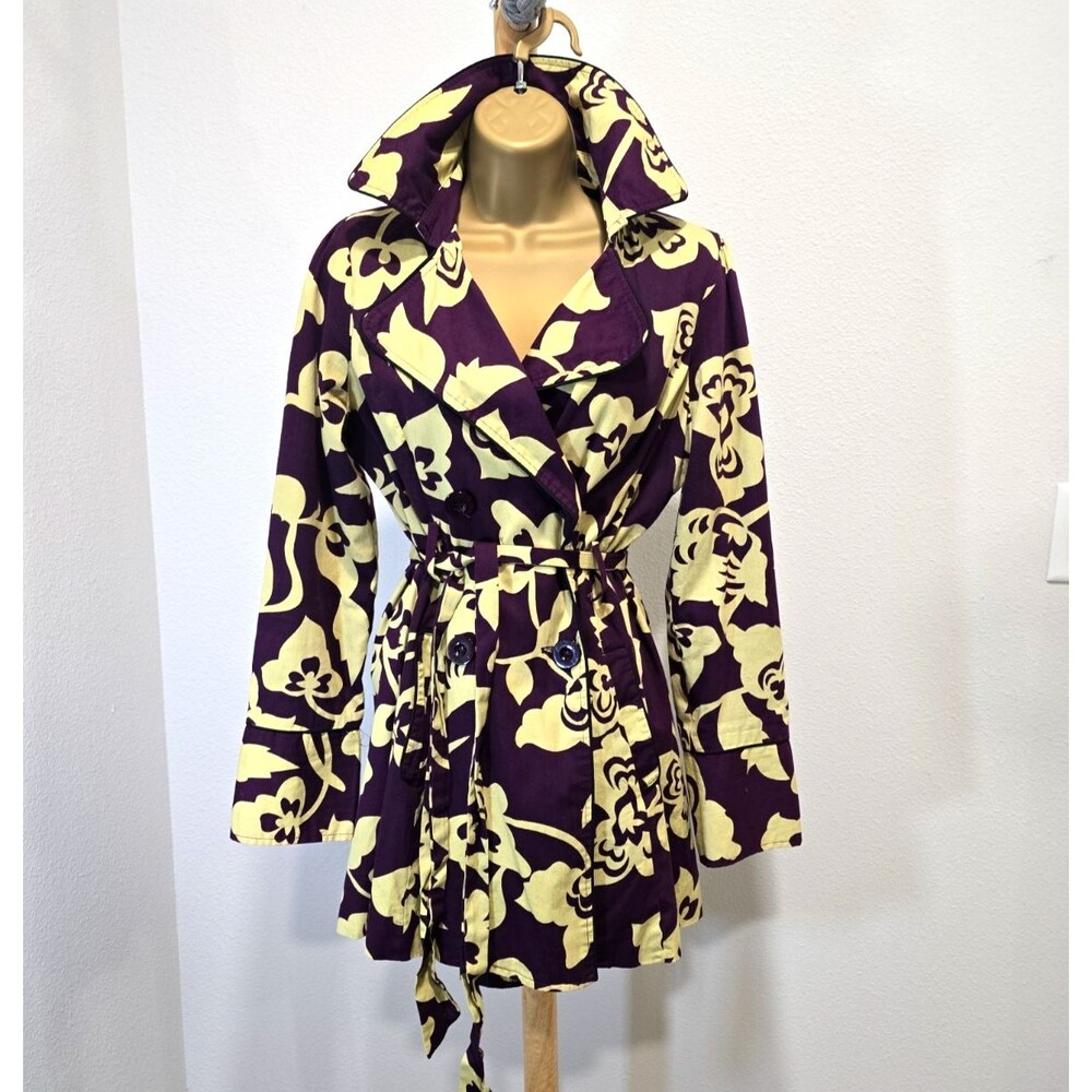 Vintage Floral Trench Coat Med Purple Collared Belted Double Breasted Boho Indie